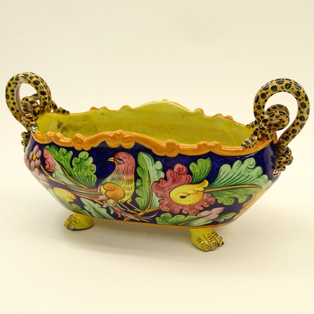 20th Century Majolica Centerpiece. Snake handles, paw feet. 