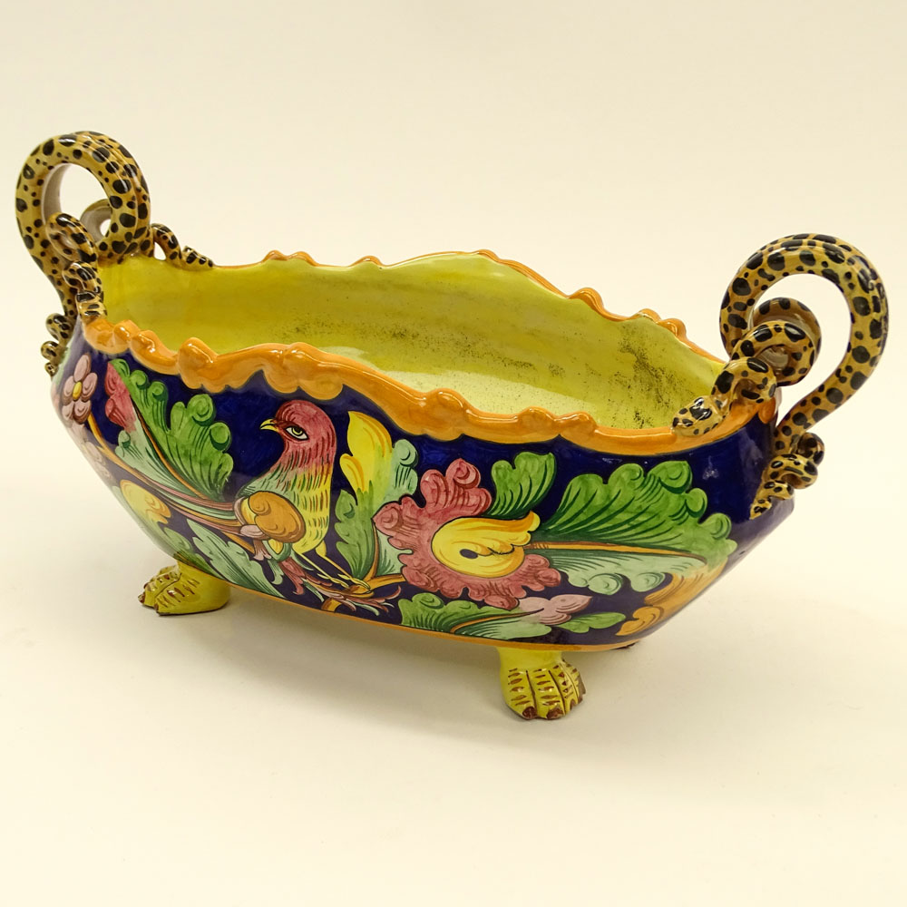 20th Century Majolica Centerpiece. Snake handles, paw feet. 