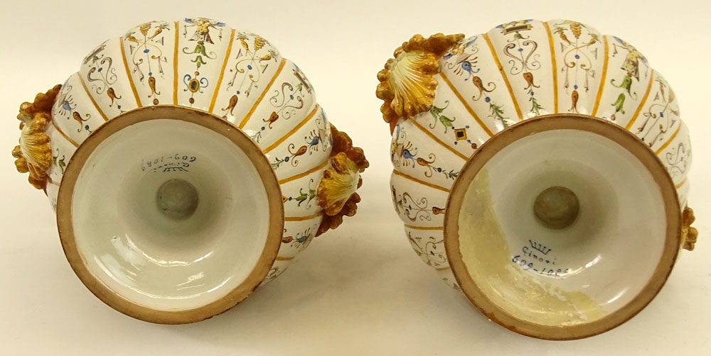 Pair of Antique Ginori Majolica Urns. Chimera handles.