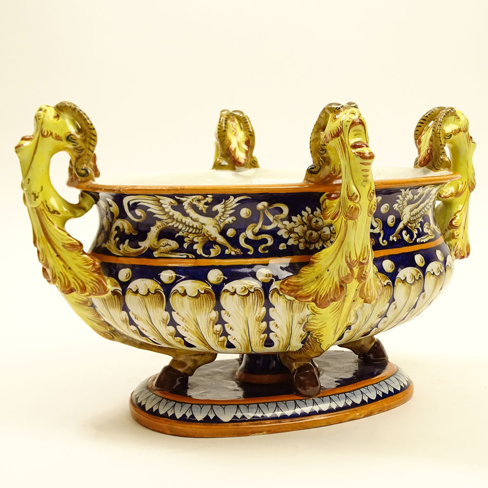 20th Century Italian Majolica Figural Centerpiece. Chimera Handles.