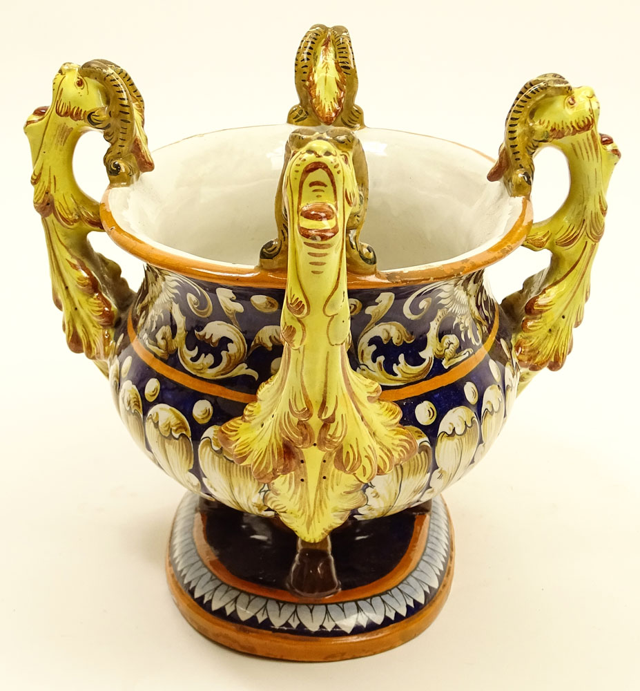 20th Century Italian Majolica Figural Centerpiece. Chimera Handles.