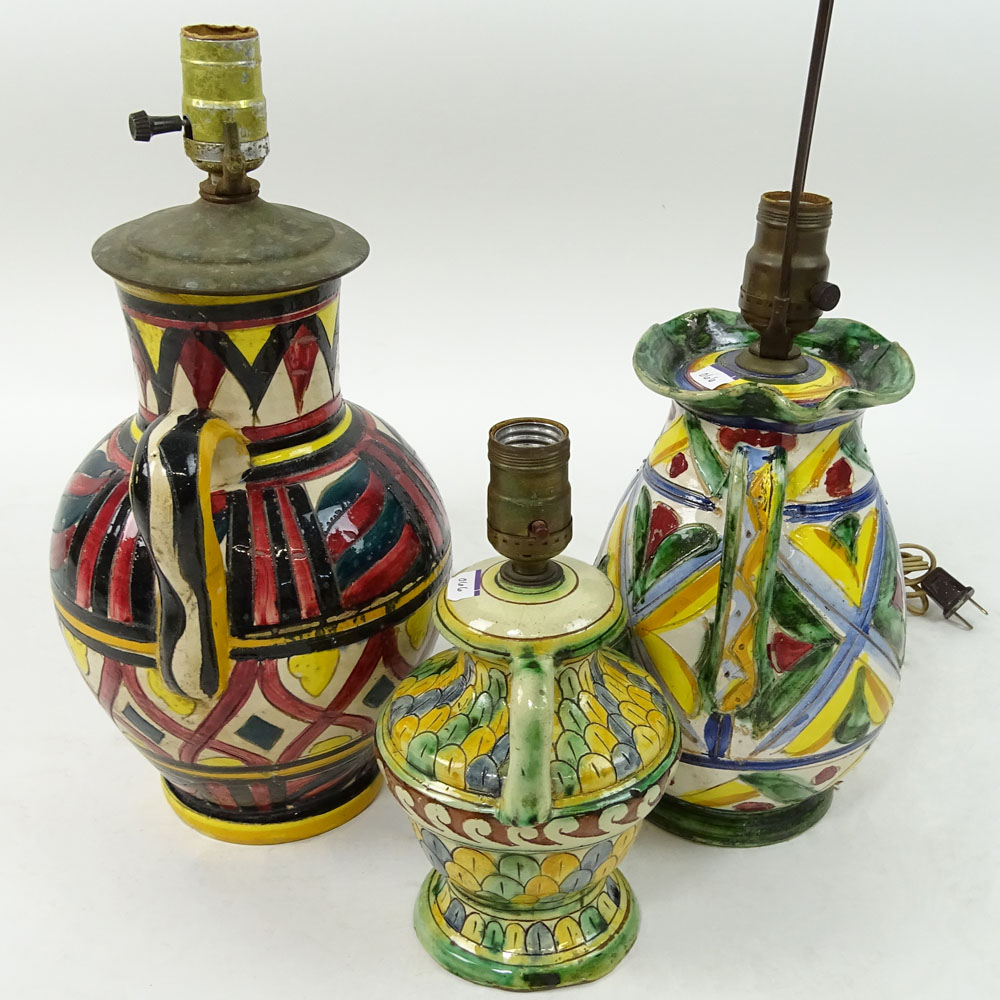 Lot of Three (3) Vintage Italian Majolica Pottery Lamps. All with handled urn shape.