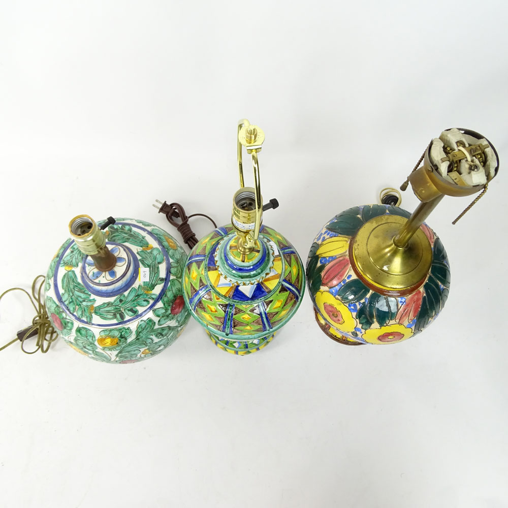 Lot of Three (3) Vintage Italian Majolica Pottery Lamps.