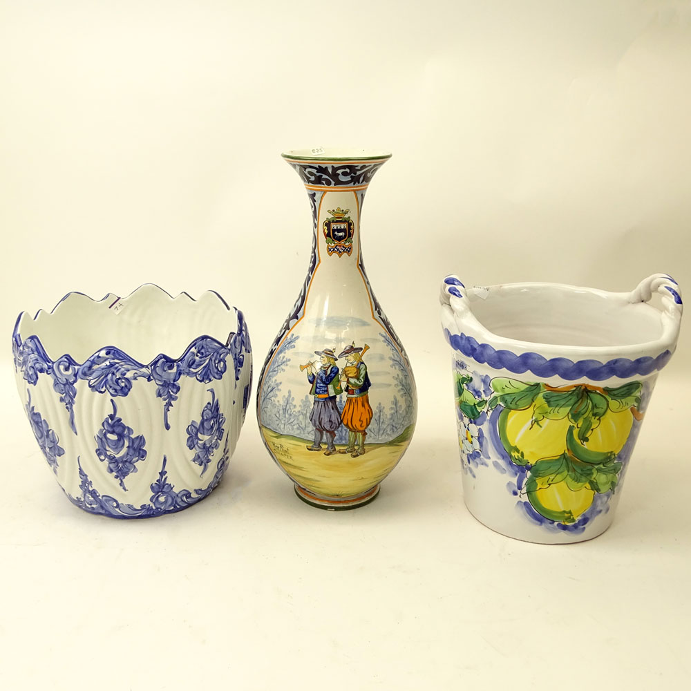 French Henriot Quimper Vase, Italian Duca di Camastra Majolica Handled Pail and a Portuguese Glazed Pottery Cachepot.