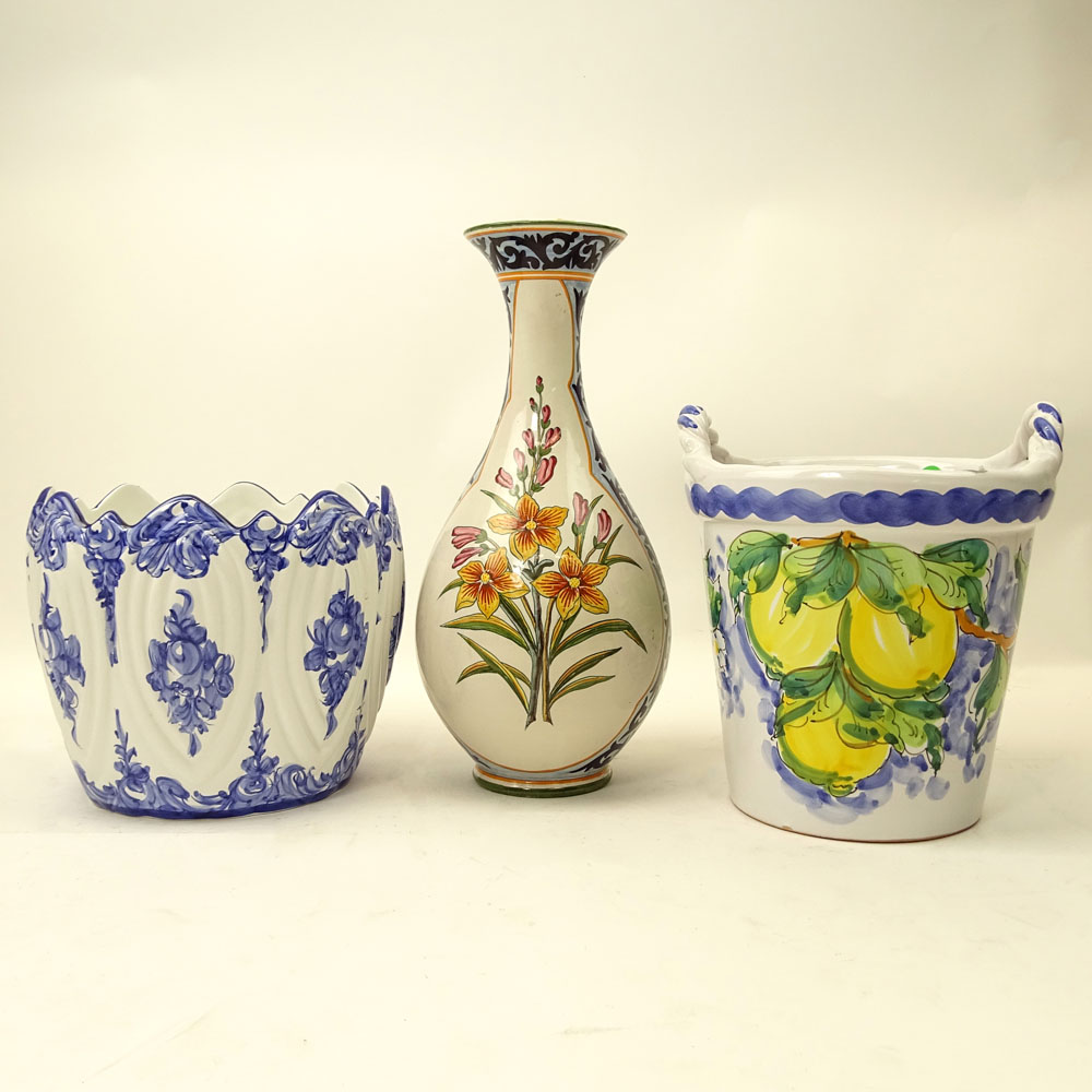 French Henriot Quimper Vase, Italian Duca di Camastra Majolica Handled Pail and a Portuguese Glazed Pottery Cachepot.