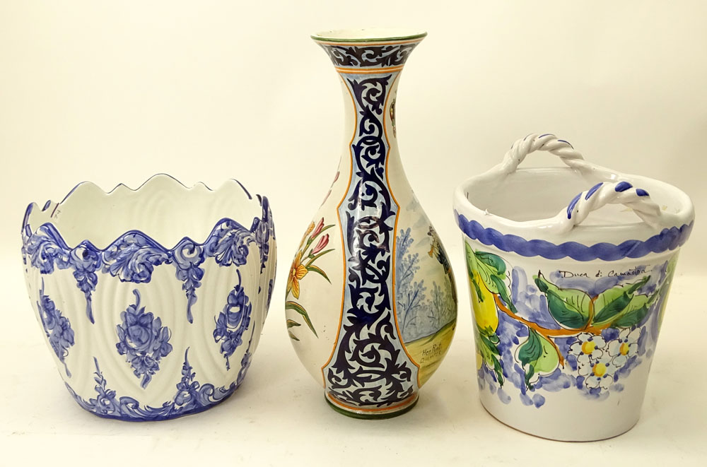French Henriot Quimper Vase, Italian Duca di Camastra Majolica Handled Pail and a Portuguese Glazed Pottery Cachepot.