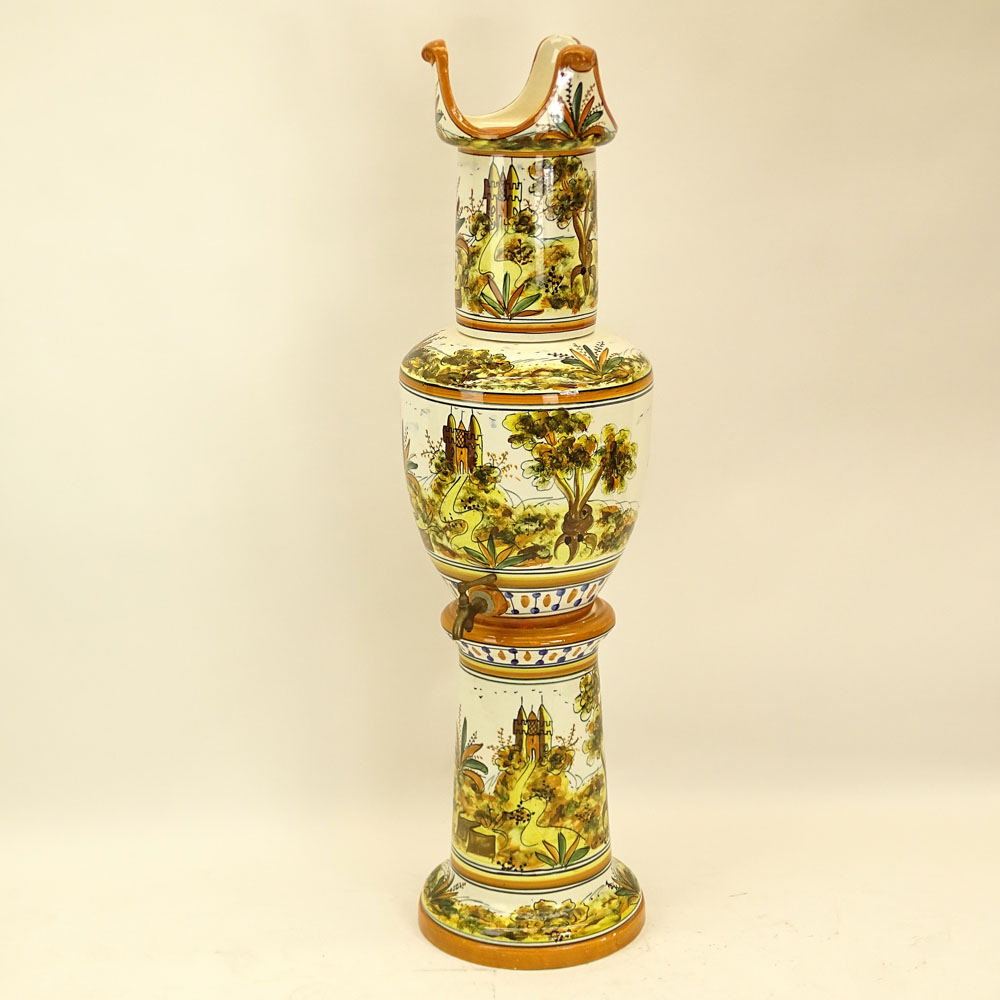 Large Multi-Part Majolica Jardinière on Pedestal.