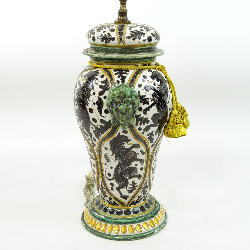 Large Antique Italian Majolica Lamp. Ornate griffin motif and figural handles.