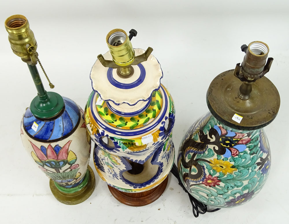 Lot of Three (3) Vintage Majolica Pottery Lamps. Various motifs.