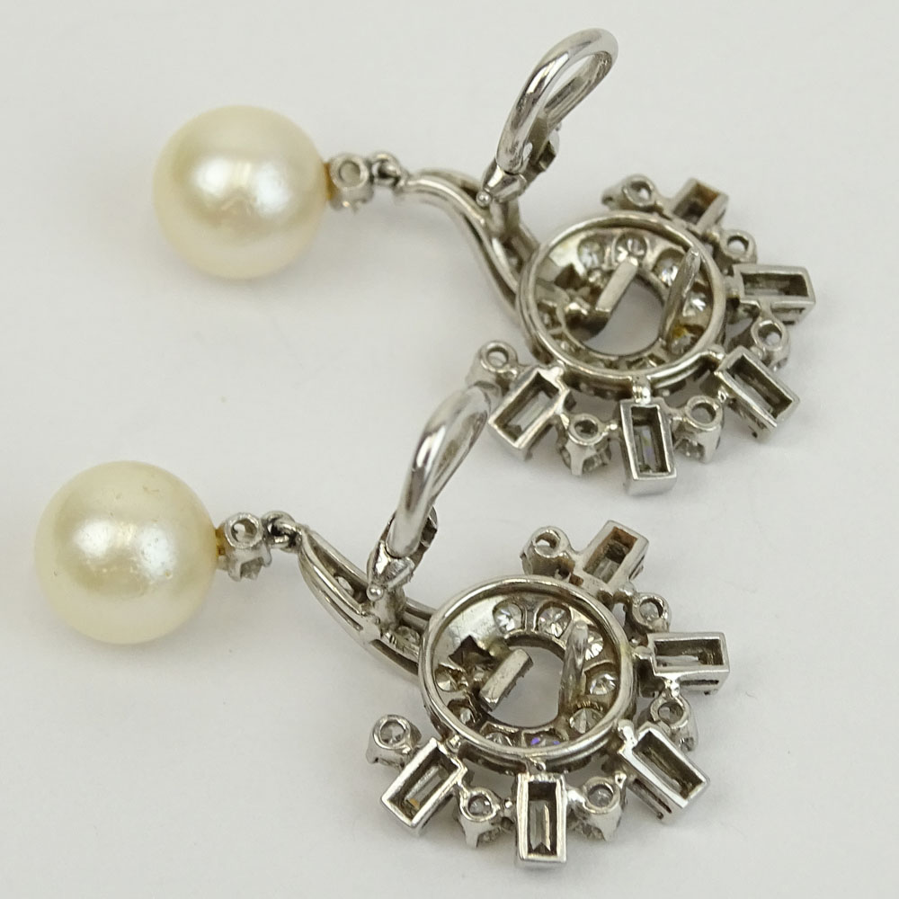 Pair of Lady's Approx. 3.0 Carat Diamond, Pearl and Platinum Earrings. 