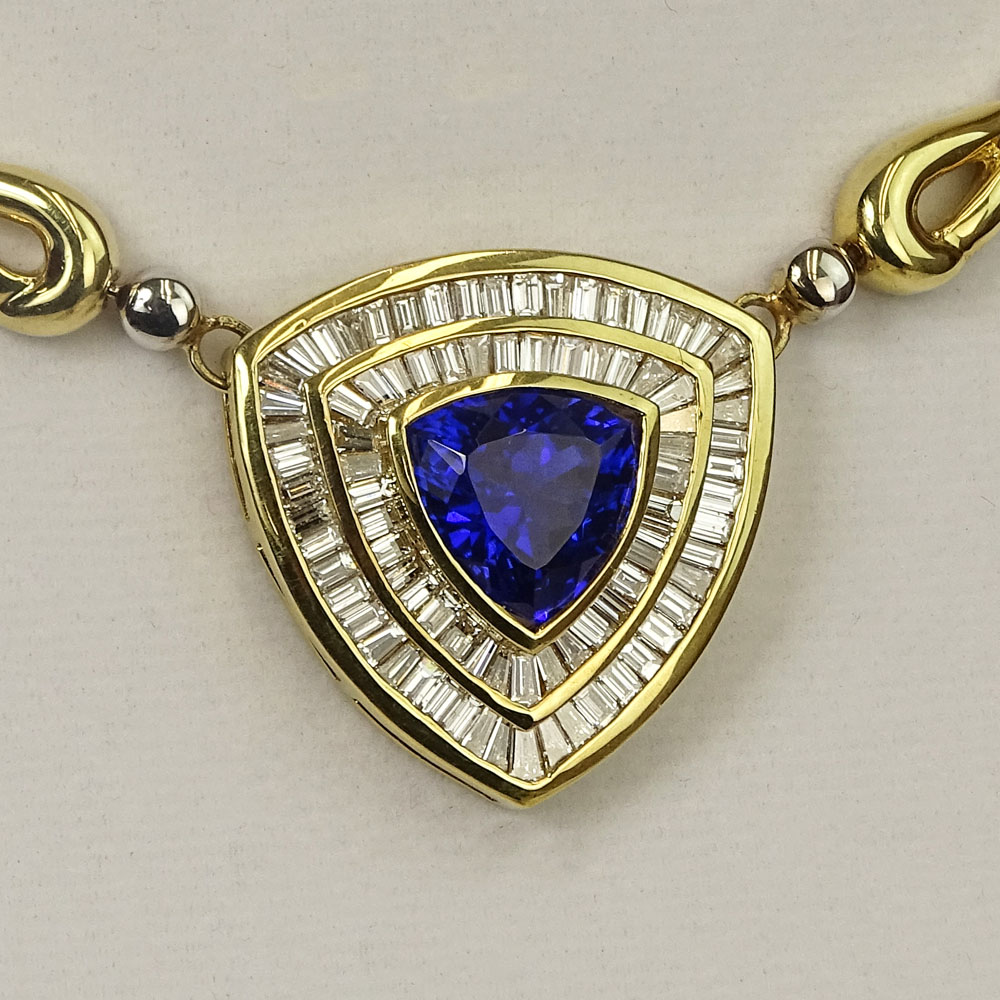 Lady's Large Gem Quality Tanzanite, Diamond and 18 Karat Gold Necklace set in the Center with a 9.27 Carat Trapezoidal