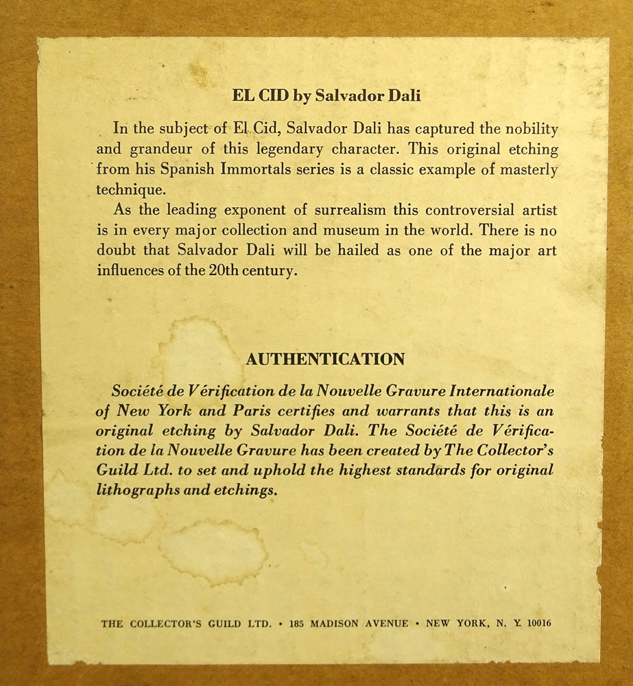 Vintage Salvador Dali Etching "El Cid". Collectors Guild Label en verso. 