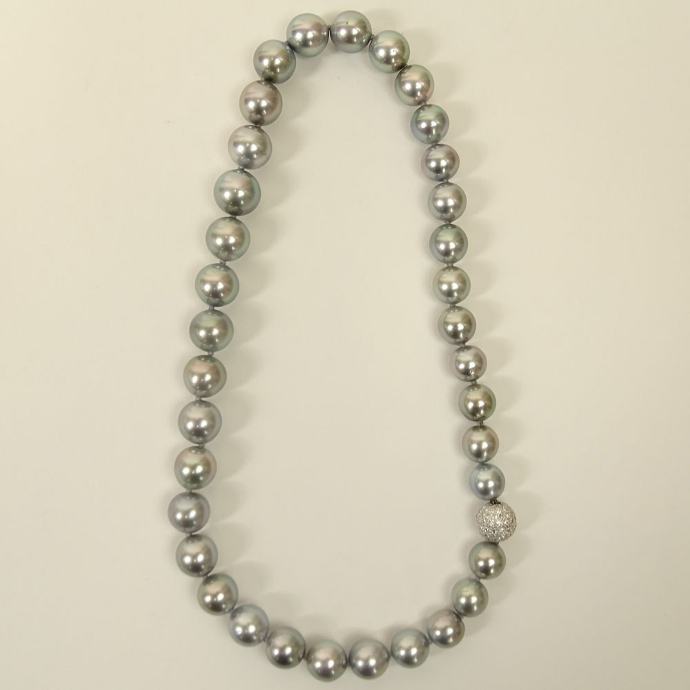 Beautiful Quality Graduated Grey South Sea Pearl Necklace with Diamond and 18 Karat White Gold Clasp.