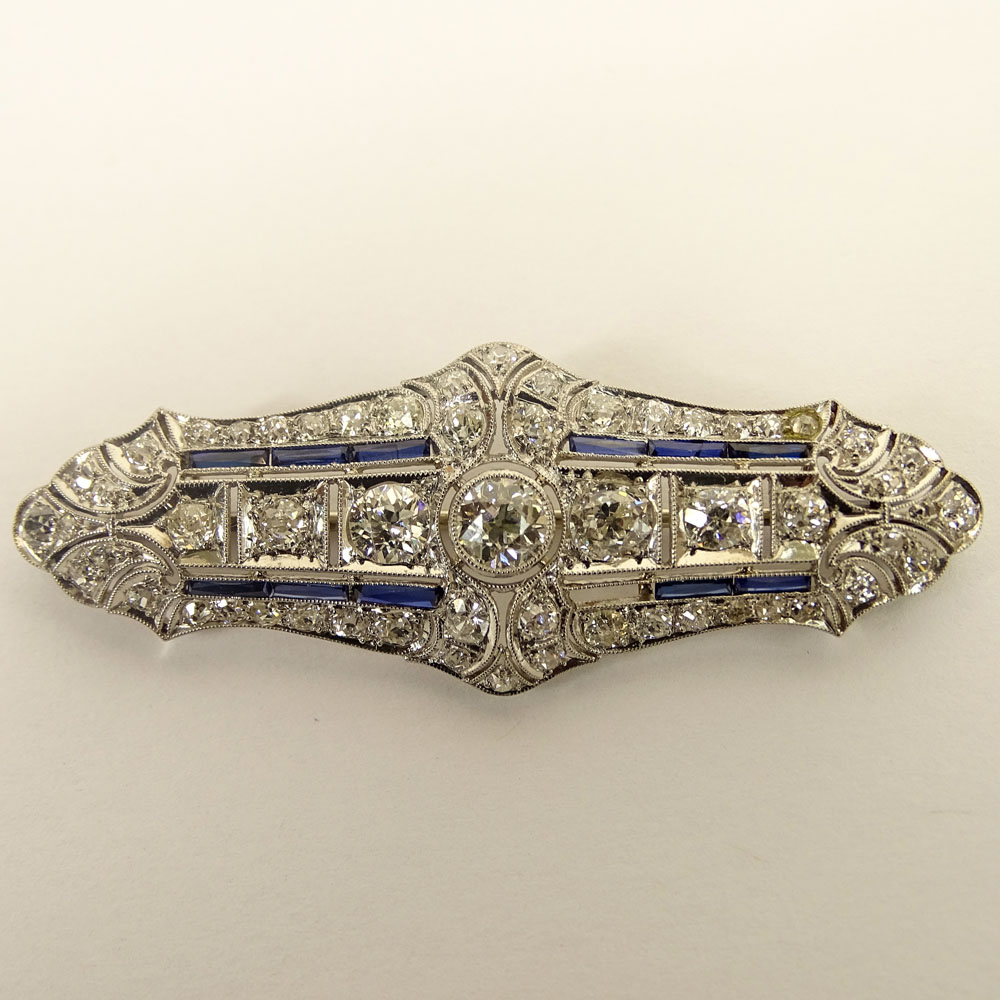 Art Deco Approx. 2.5 Carat Old European Cut Diamond, Sapphire and Platinum Bar Brooch. 