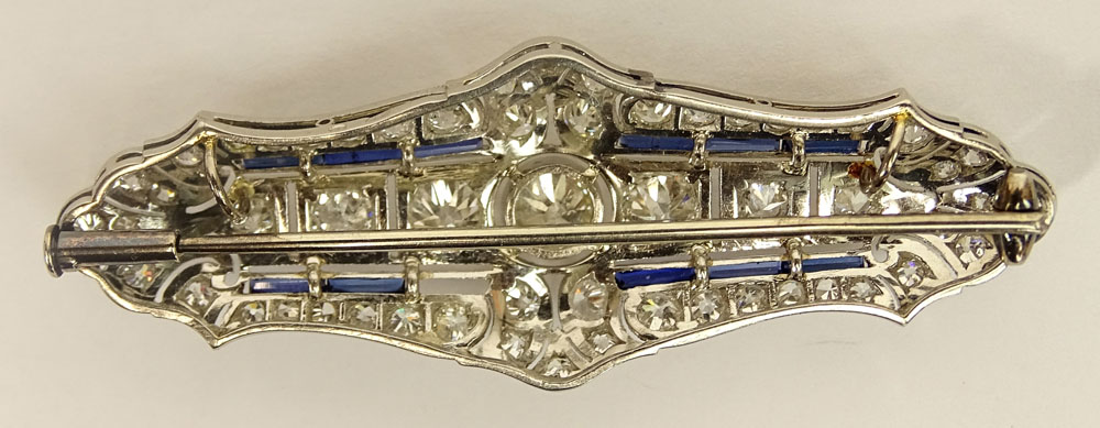 Art Deco Approx. 2.5 Carat Old European Cut Diamond, Sapphire and Platinum Bar Brooch. 