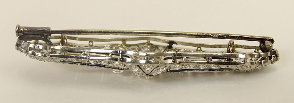 Art Deco Approx. 2.5 Carat Old European Cut Diamond, Sapphire and Platinum Bar Brooch. 