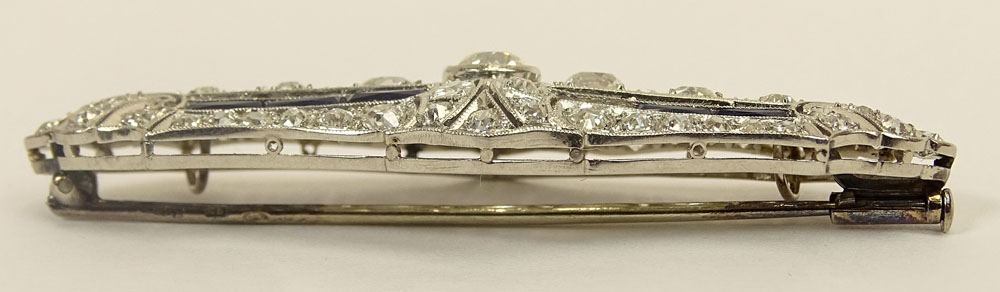 Art Deco Approx. 2.5 Carat Old European Cut Diamond, Sapphire and Platinum Bar Brooch. 