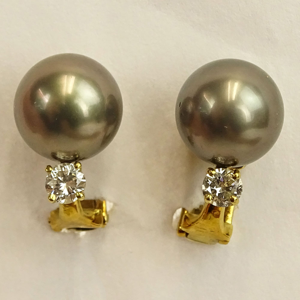 Lady's South Sea Grey Pearl, Diamond and 18 Karat Yellow Gold Earrings. 