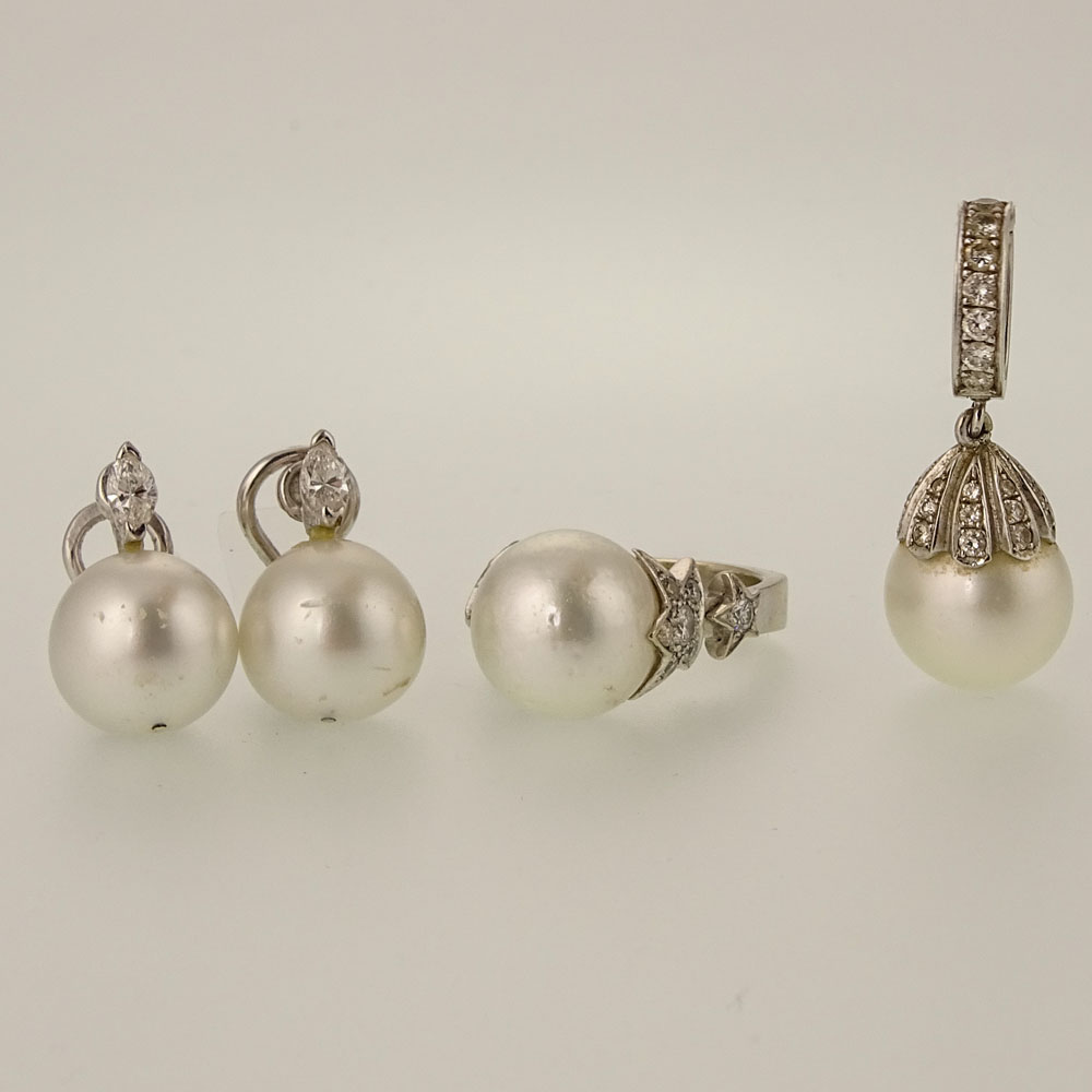 Assembled Four (4) Piece Pearl, Diamond and White Gold Suite Including Ring, Pair of Earrings and Pendant. 