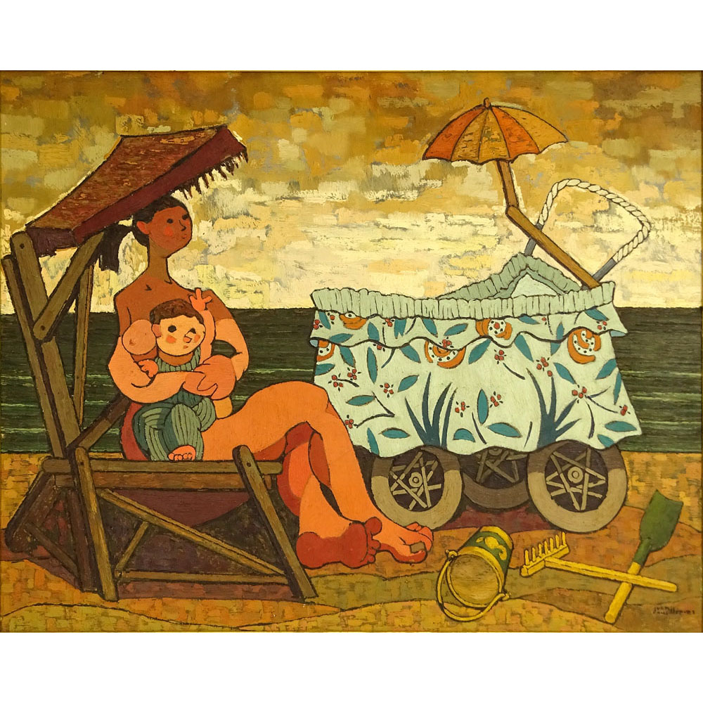 Juan Guillermo Rodriguez Baez, Spanish (1916-1968) Oil on Canvas, "Maternidad en la Playa". 