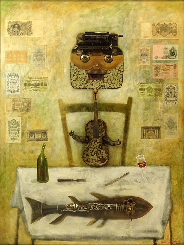 George Abramidze, Georgian (20-21st cent.) Mixed media on Canvas, "Banker's Lunch". 