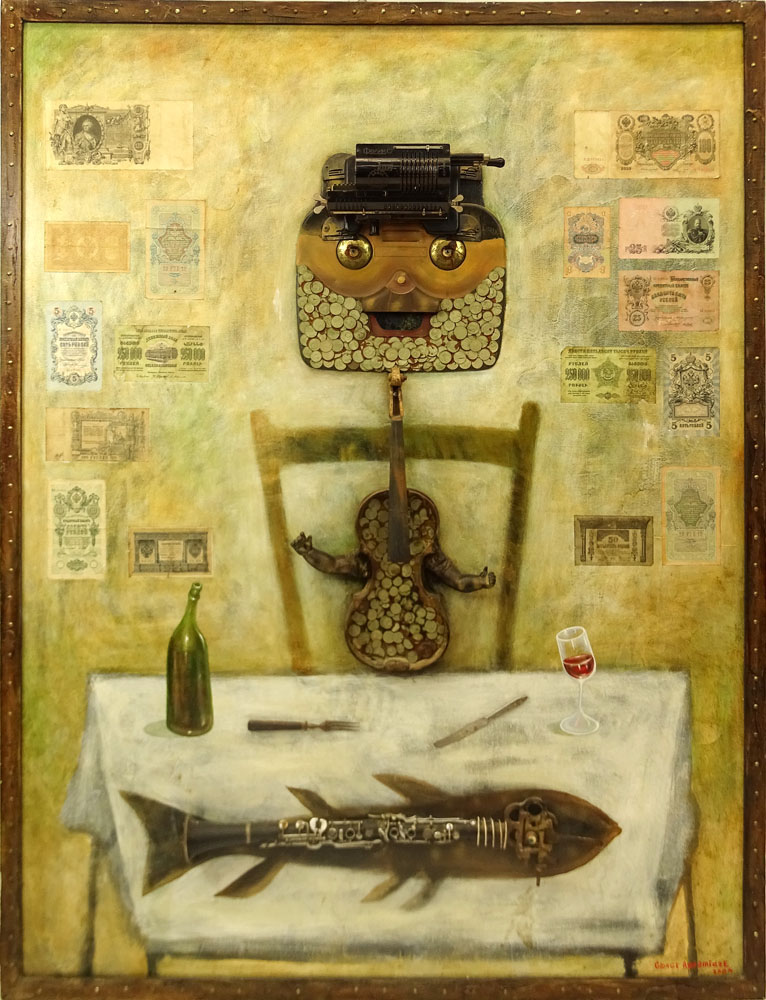 George Abramidze, Georgian (20-21st cent.) Mixed media on Canvas, "Banker's Lunch". 