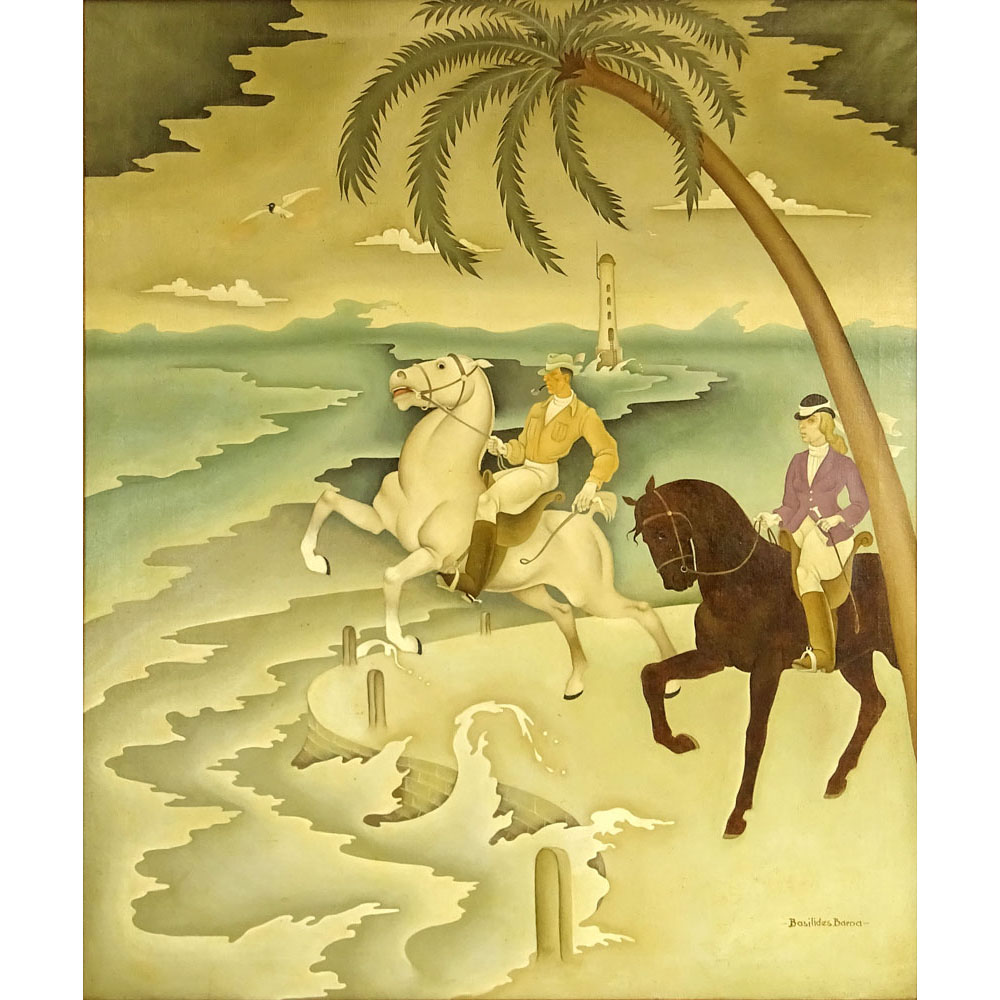 Barna Basilides, Hungarian (1903-1967) Oil on Canvas, Horse Riders in Tropical Landscape. 