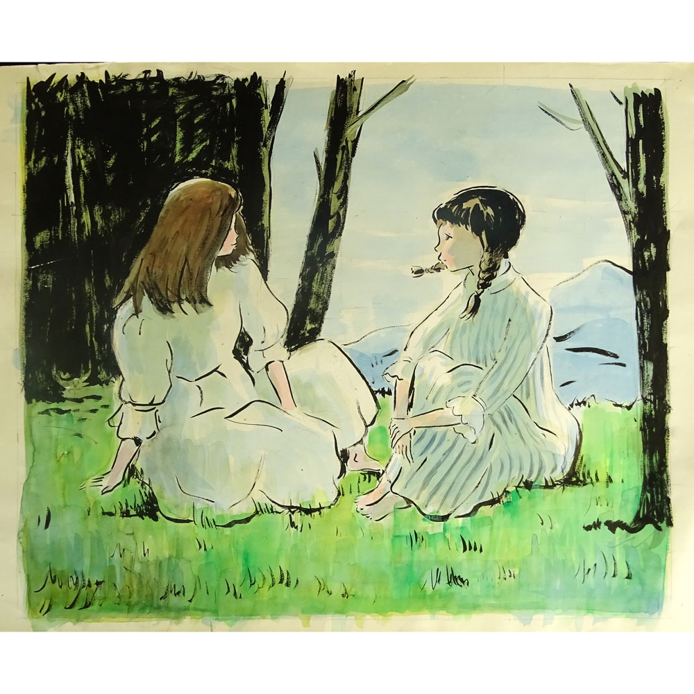 Andre Chochon, French  (1910-2005) Watercolor on Paper, Girls Seated on the Grass. 