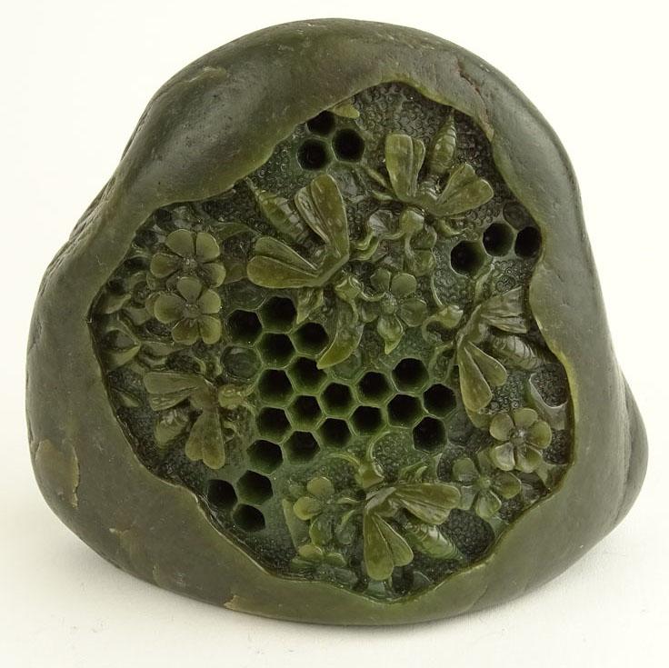 Dark Green Jade Boulder Beehive Honeycomb Carving.