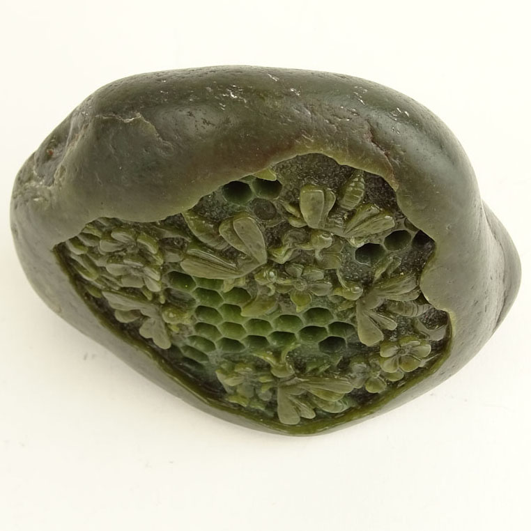 Dark Green Jade Boulder Beehive Honeycomb Carving.