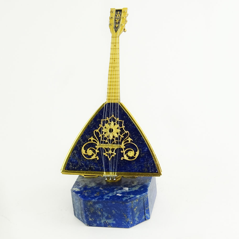 Russian 800 Gilt Silver and Lapis Lazuli Mandolin on Base. Signed 800 and Russian Hallmarks.