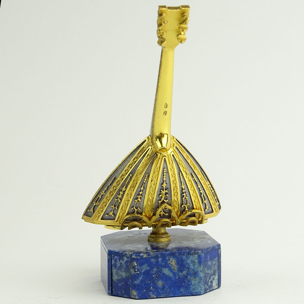 Russian 800 Gilt Silver and Lapis Lazuli Mandolin on Base. Signed 800 and Russian Hallmarks.