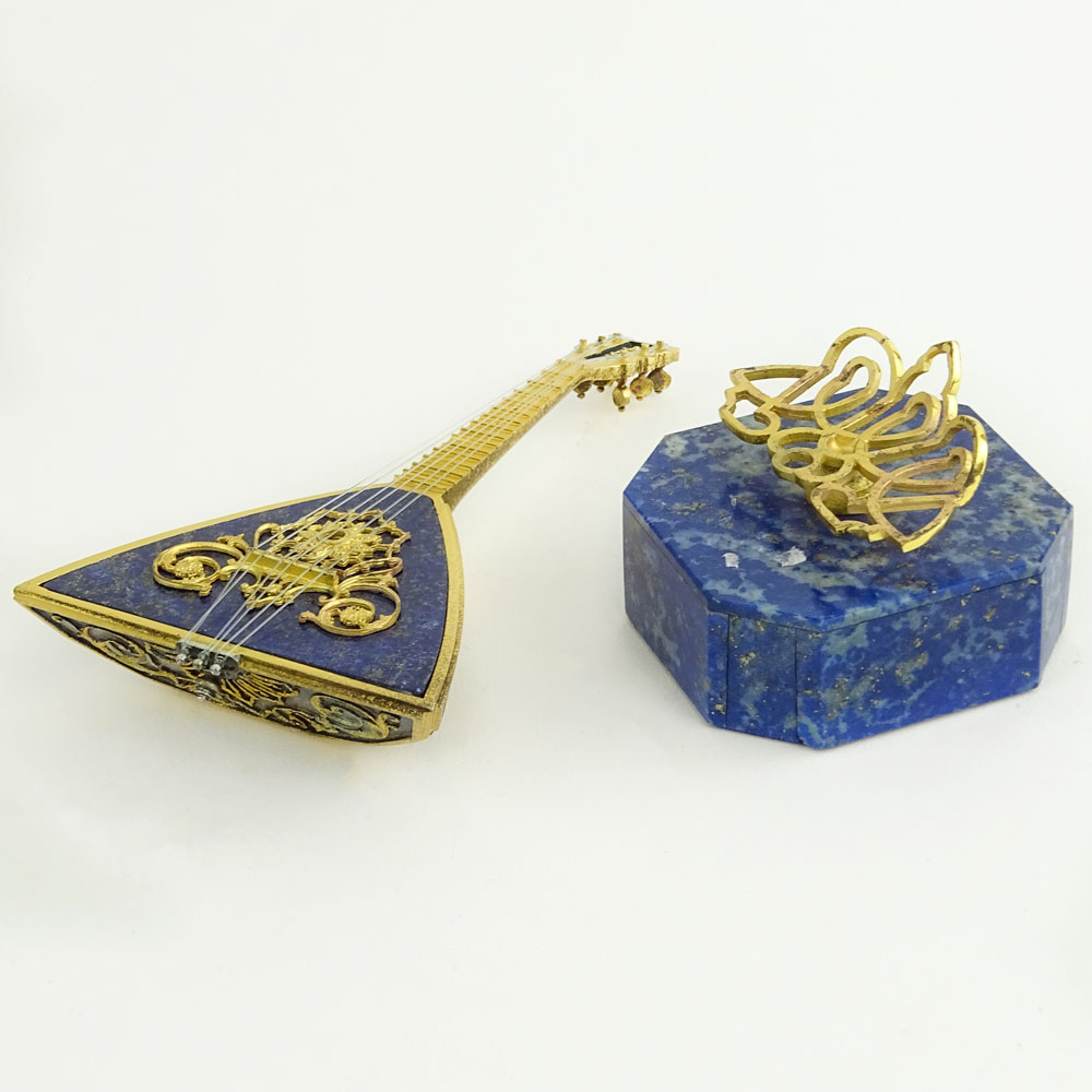 Russian 800 Gilt Silver and Lapis Lazuli Mandolin on Base. Signed 800 and Russian Hallmarks.