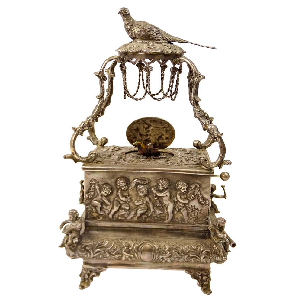 Rare Antique German Silver Ornate Signing Mechanical Bird Box. Figural Motif. Working Order, key included. 