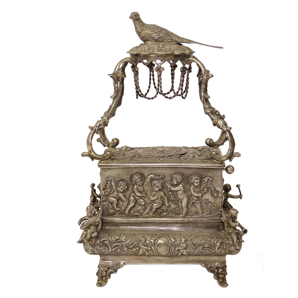 Rare Antique German Silver Ornate Signing Mechanical Bird Box. Figural Motif. Working Order, key included. 