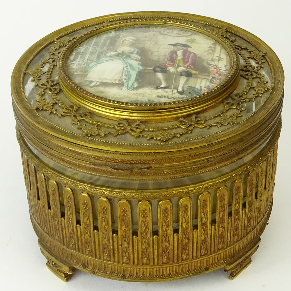 Antique Bronze and Crystal Round Music Box with Hand Painted Panel on Lid.