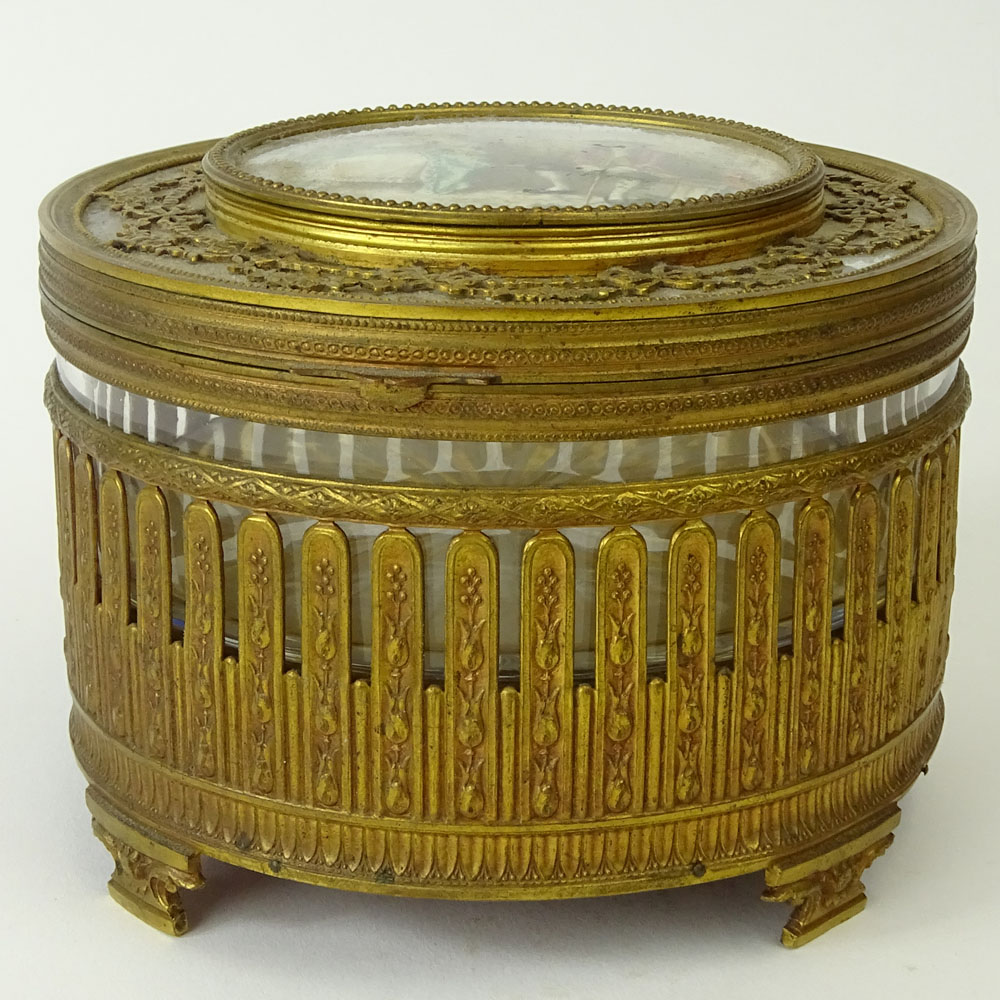 Antique Bronze and Crystal Round Music Box with Hand Painted Panel on Lid.