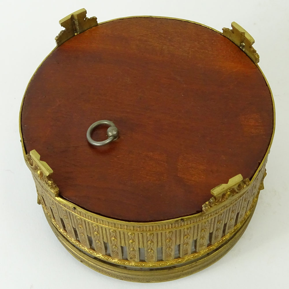 Antique Bronze and Crystal Round Music Box with Hand Painted Panel on Lid.