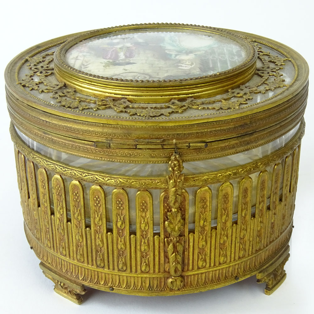 Antique Bronze and Crystal Round Music Box with Hand Painted Panel on Lid.