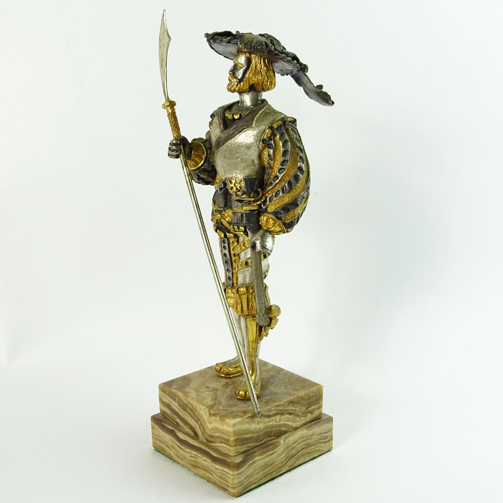 Modern Gilt and Silvered Bronze Figure of a Cavalier on Stepped Marble Base.