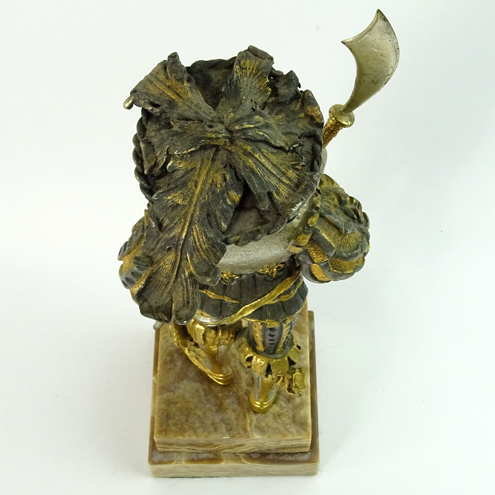 Modern Gilt and Silvered Bronze Figure of a Cavalier on Stepped Marble Base.