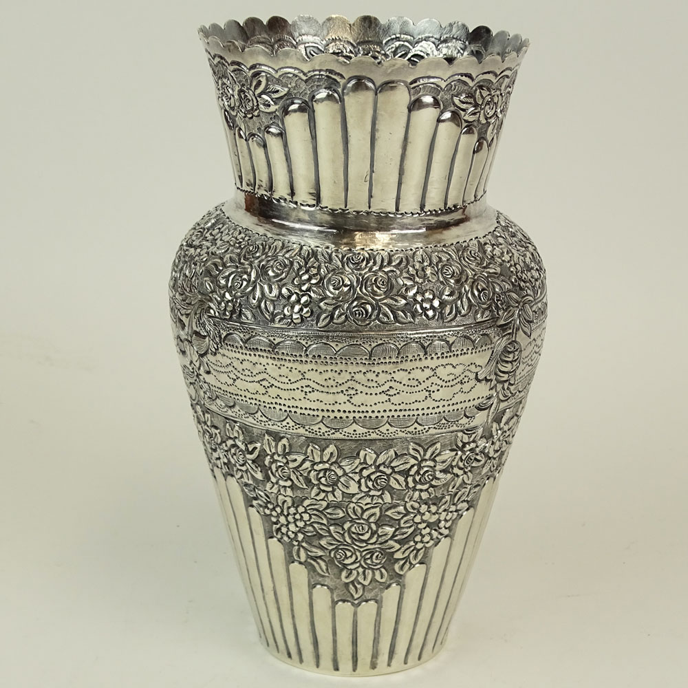 Vintage 800 Silver Repousse Vase. Pretty floral motif. Engraved cartouche dated 1946.