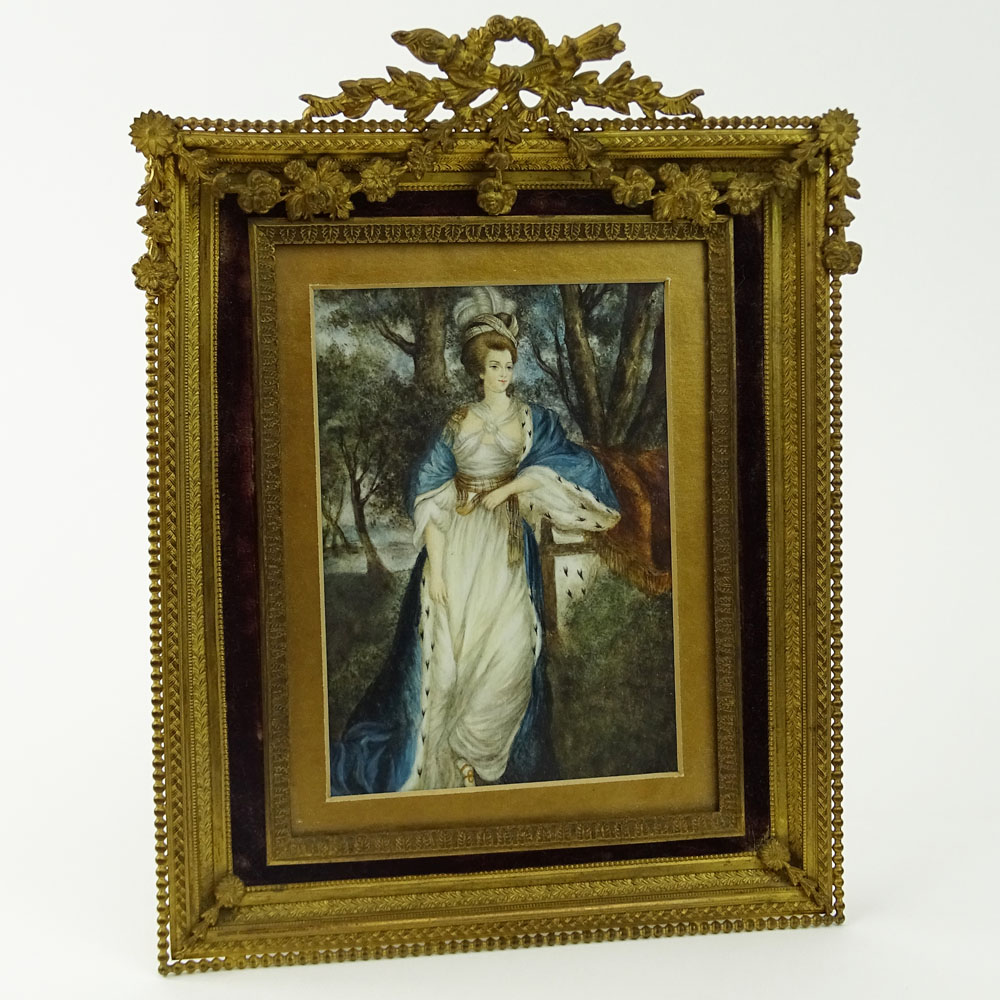 Antique Miniature Painting on Ivory "Duchess of Rutland, after Sir Joshua Reynolds, British (19th C)". Set in ornate gilt bronze frame. 