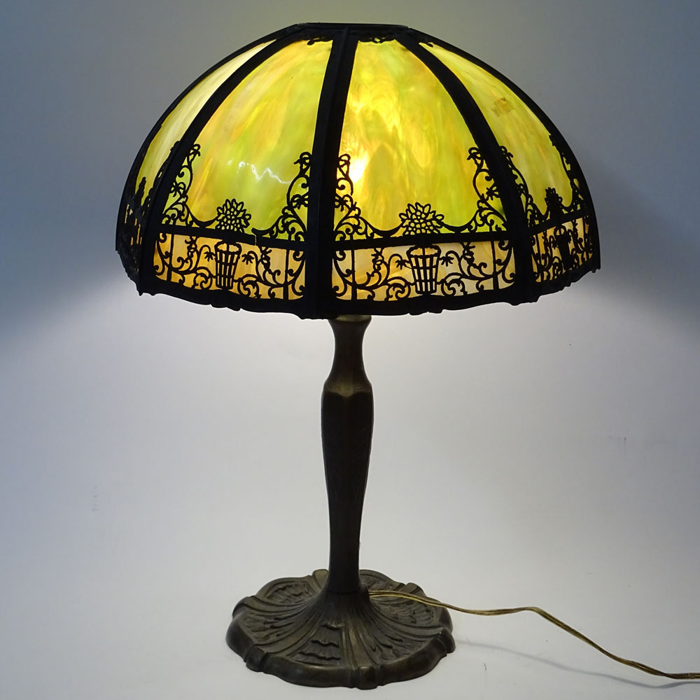 Antique Green Slag Glass Table Lamp with Metal Overlay and Bronze Base.