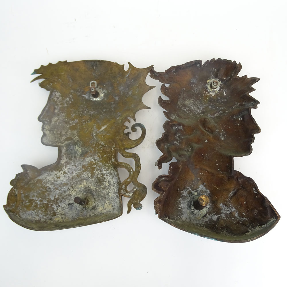 Pair of Vintage Patinated White Metal Figural Relief Plaques.