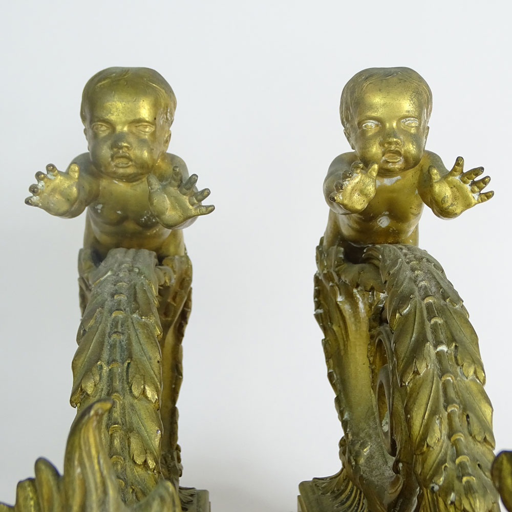 Pair of Antique Bronze Figural Chenets. Unsigned. Gold and light green patina.