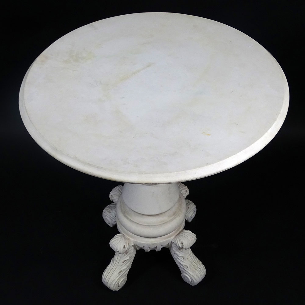 Antique Italian Carved Carrera Marble Occasional Table. Top on baluster pedestal with foliate legs.