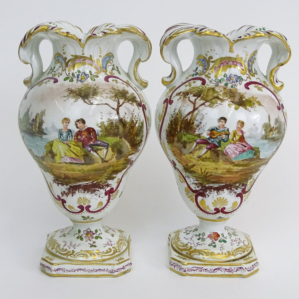 Pair of Antique Chelsea Hand Painted Porcelain Miniature Urns.