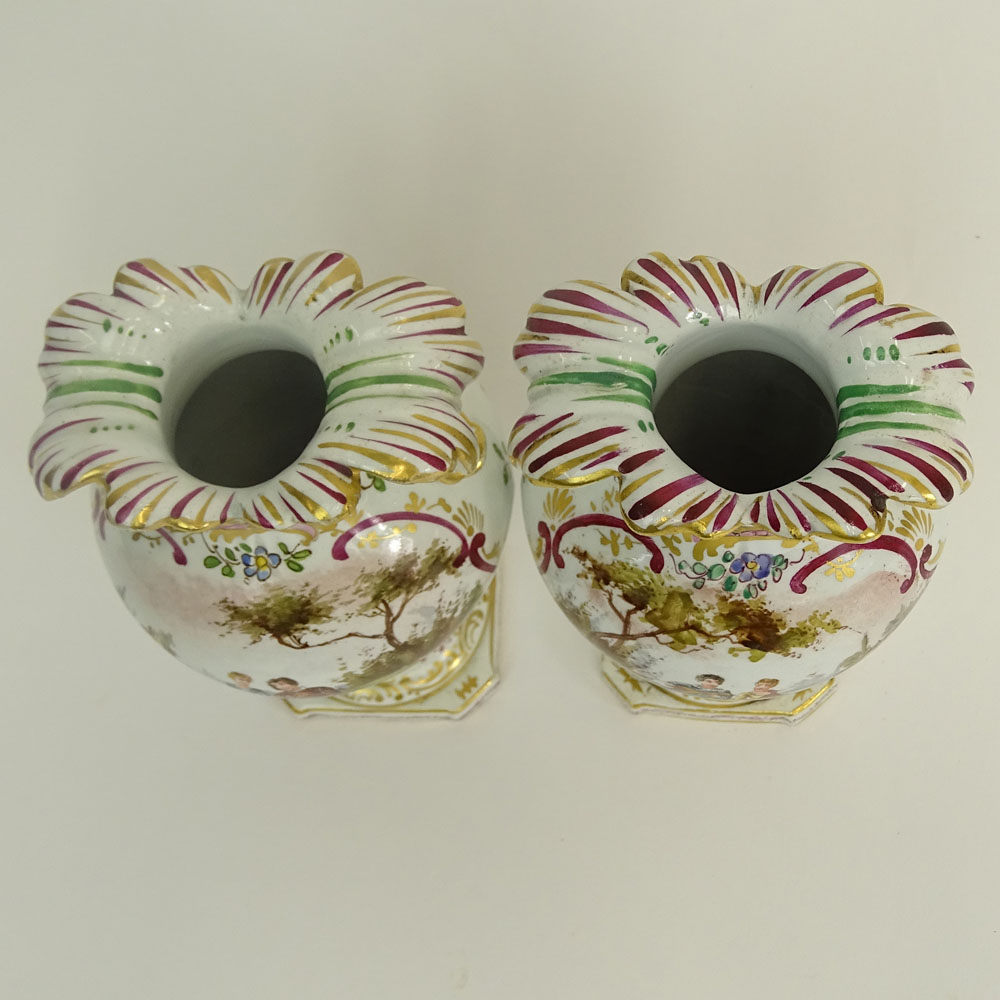 Pair of Antique Chelsea Hand Painted Porcelain Miniature Urns.