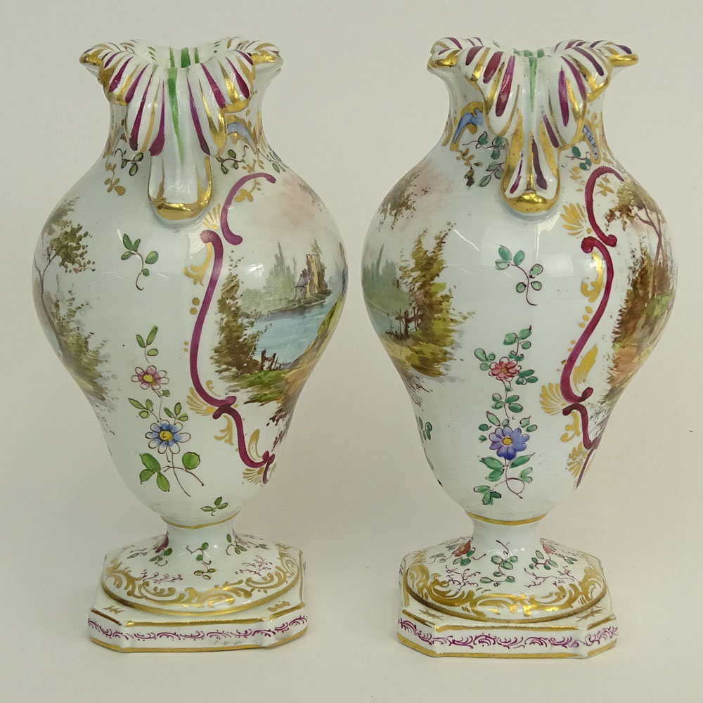 Pair of Antique Chelsea Hand Painted Porcelain Miniature Urns.